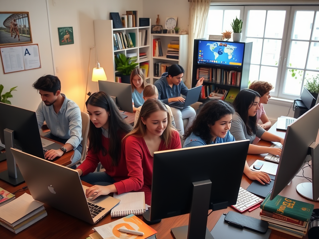 Diverse group of students engaged in online learning