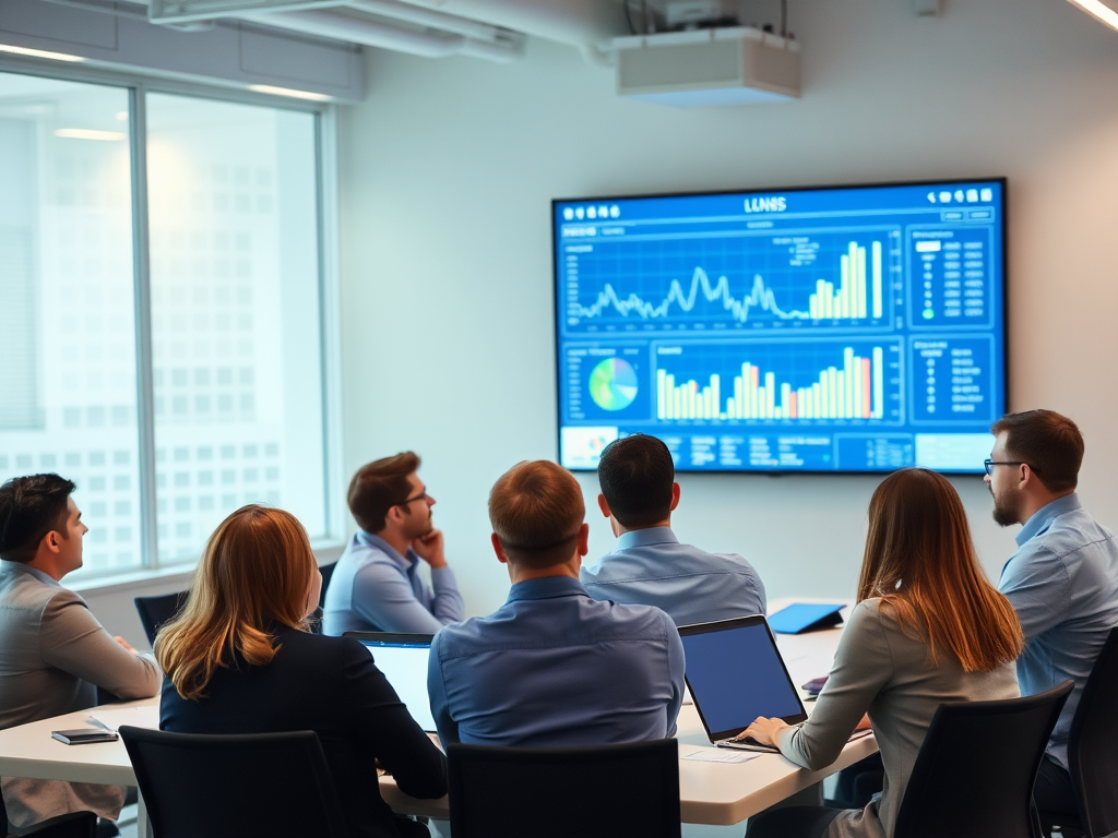 A sales team in a meeting, discussing strategies and looking at data on a large screen.