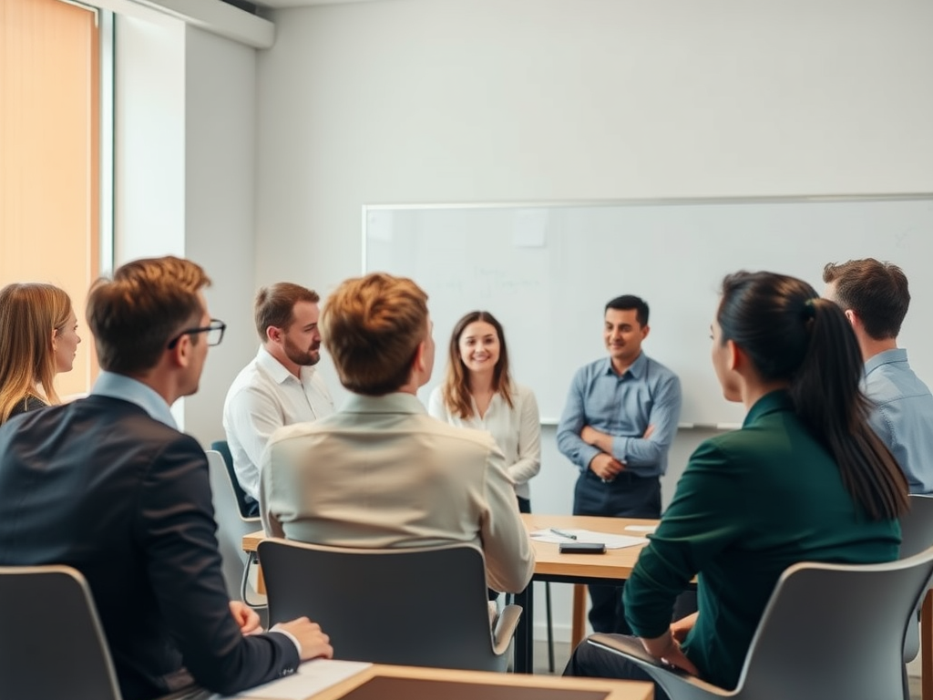 A group of professionals in a modern classroom setting, engaged in a training session with a whiteboard in the background.
