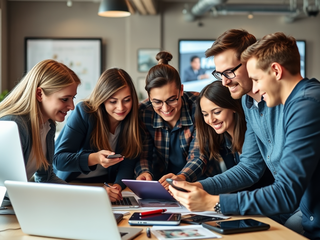 A digital marketing team collaborating on a project, using various digital tools and devices.