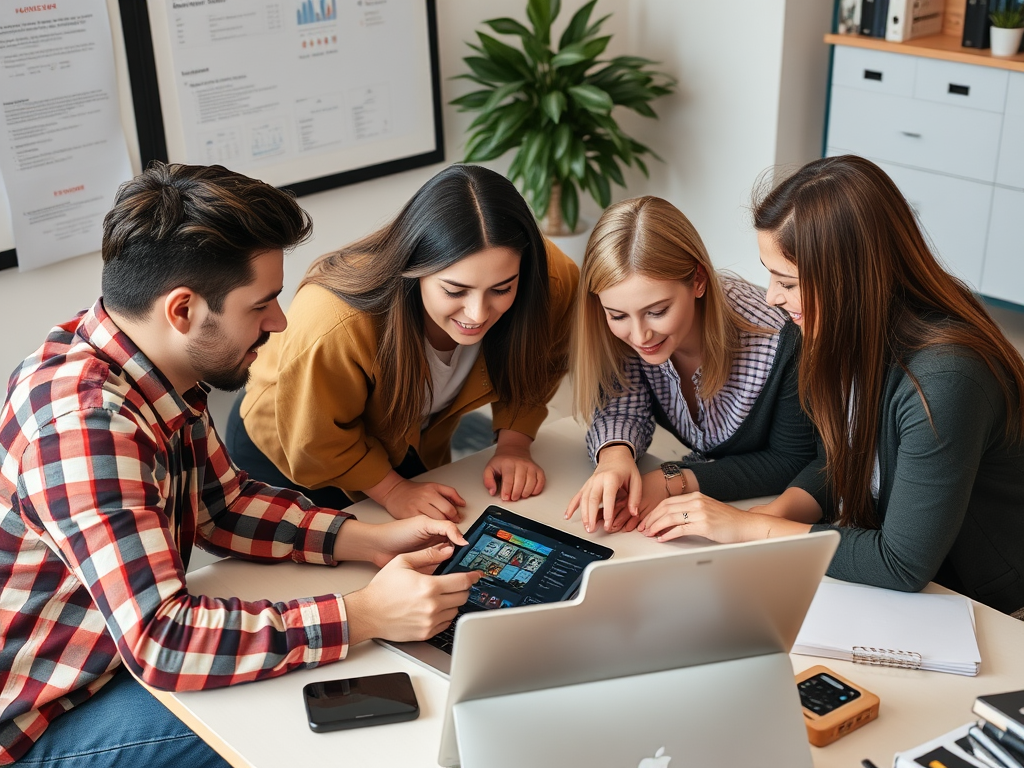 A digital marketing team collaborating on a project, using various digital tools and devices.